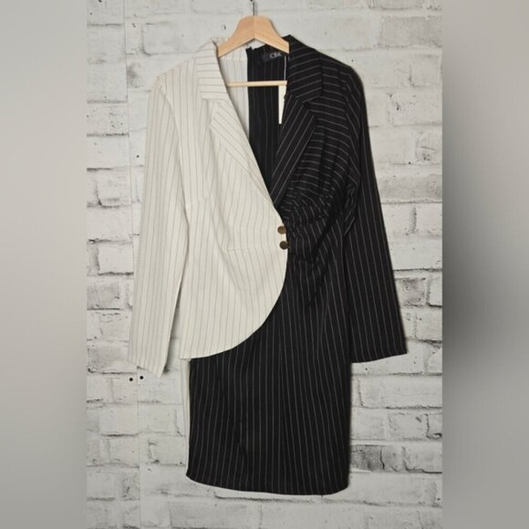 CBR Turn Down Neck Long Sleeve Buttons Striped Patchwork Bodycon Dress ~ NWT - Picture 2 of 16
